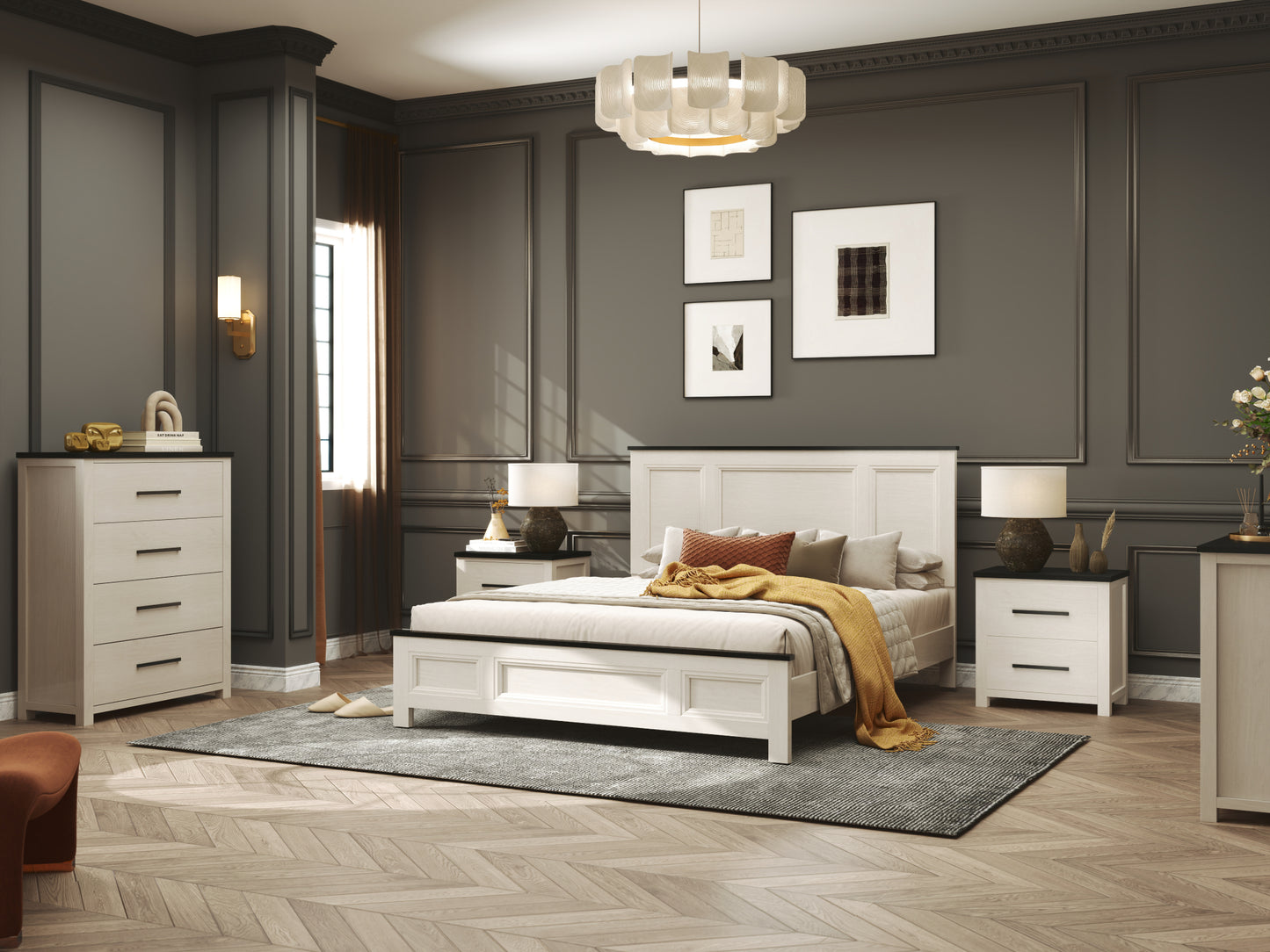 Roundhill Furniture Realynn Wood Bedroom Collection, Off-White Finish