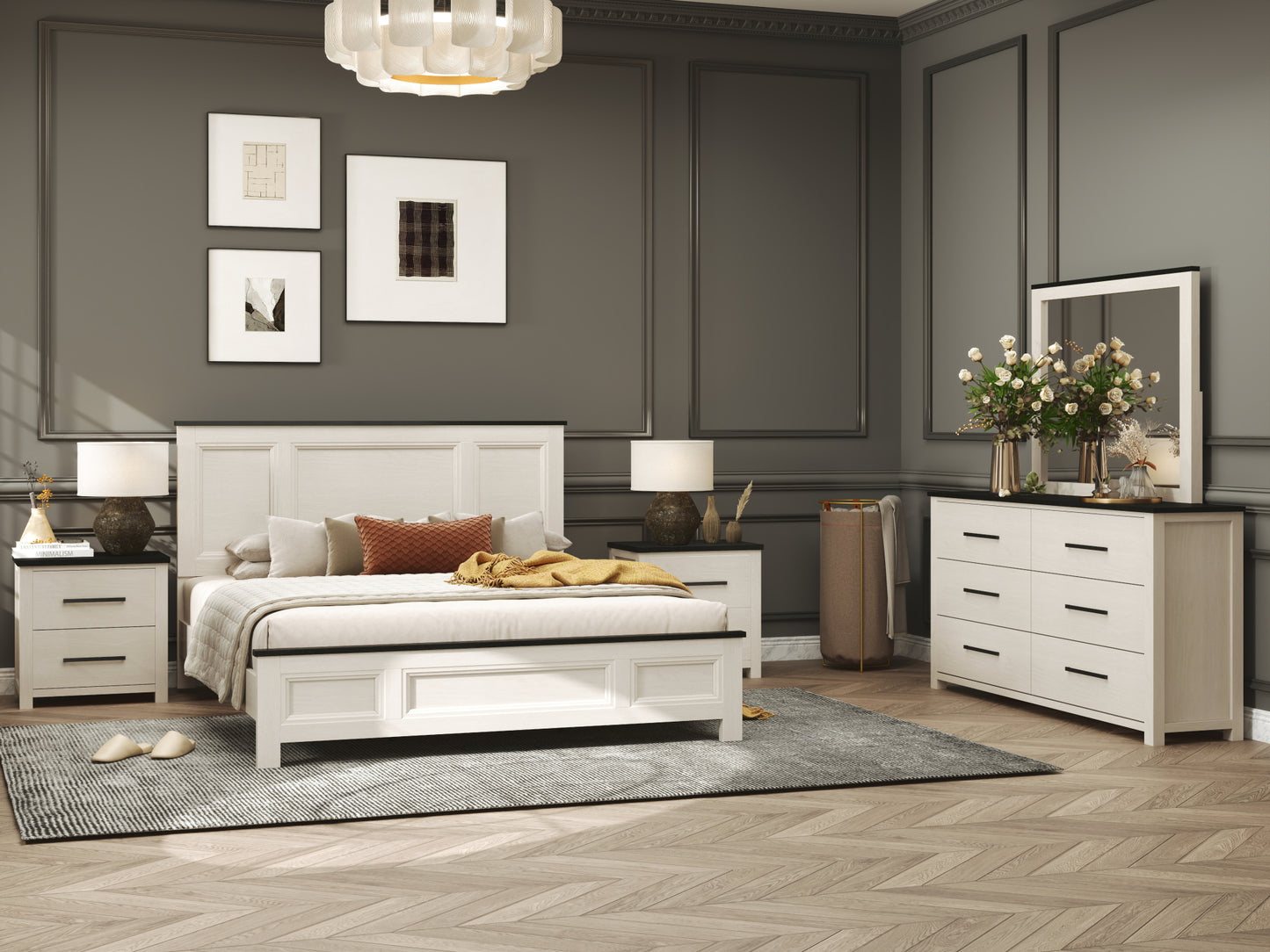 Roundhill Furniture Realynn Wood Bedroom Collection, Off-White Finish