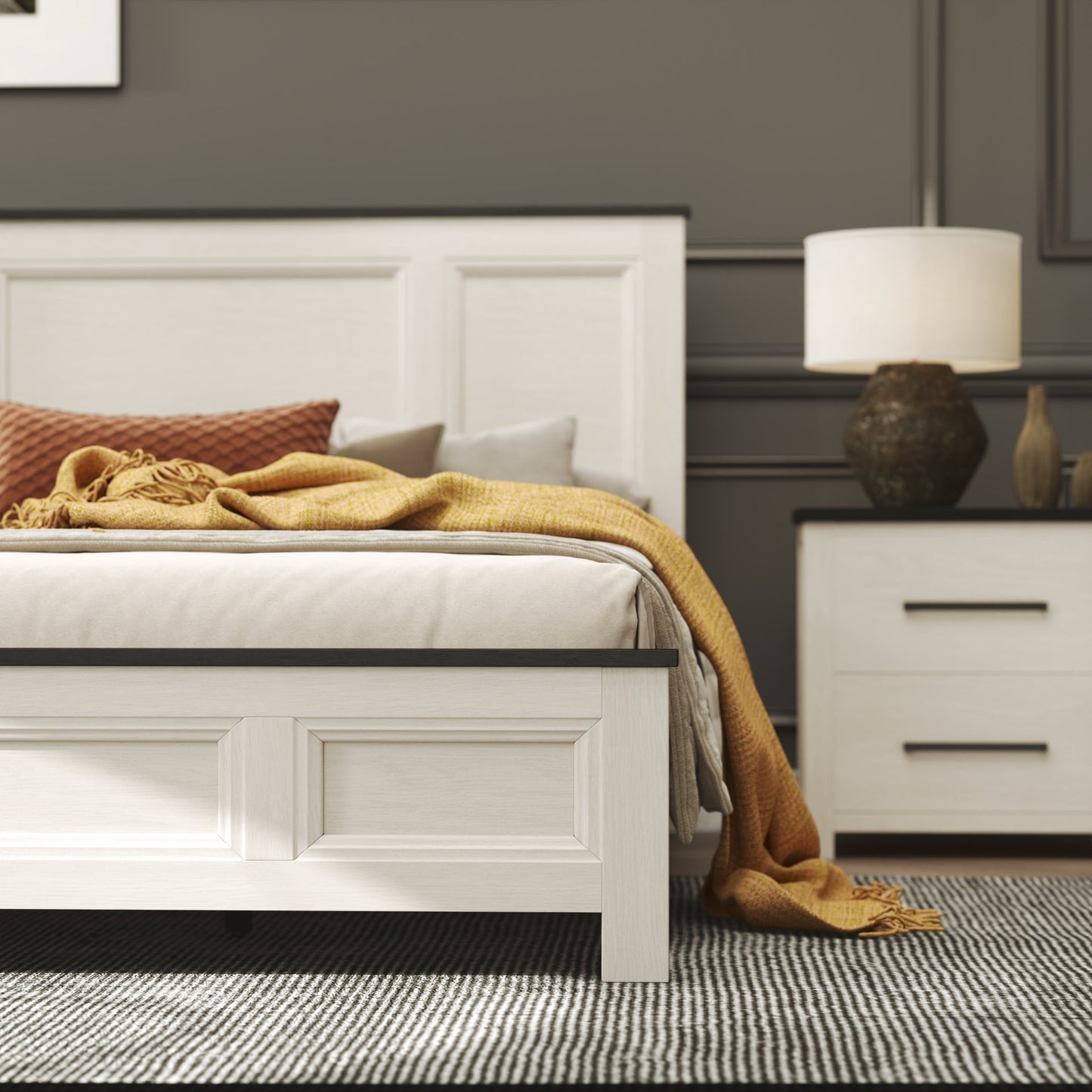 Roundhill Furniture Realynn Panel Bed, Off-White Finish
