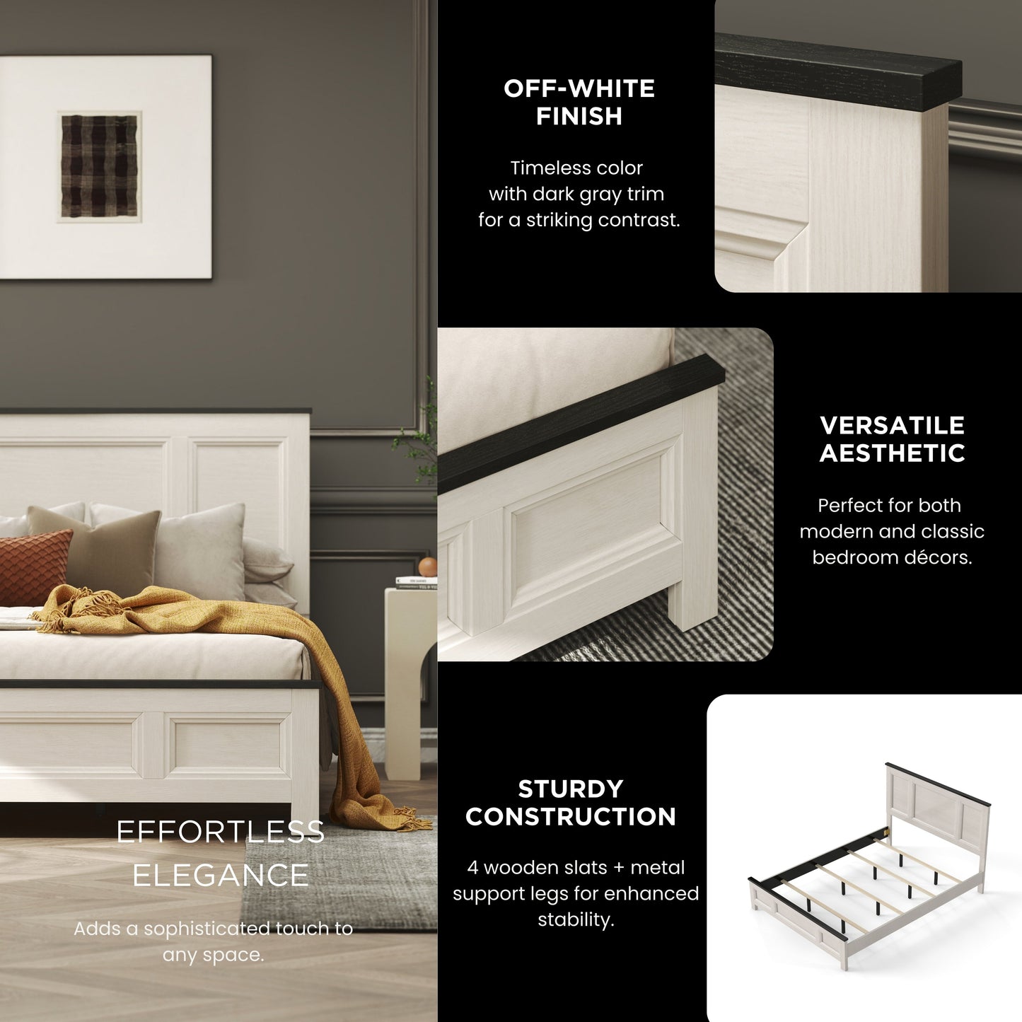 Roundhill Furniture Realynn Panel Bed, Off-White Finish