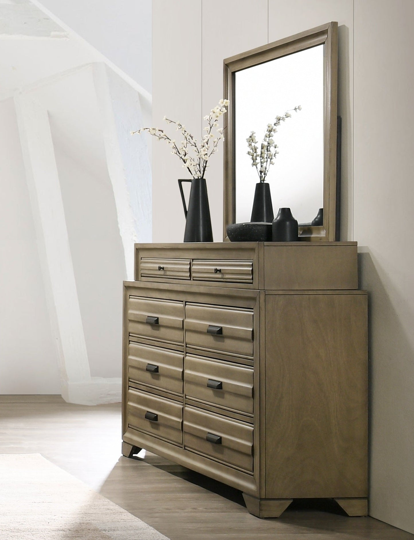 Loiret Light Gray Finish Wood 8-Drawer Dresser with Mirror