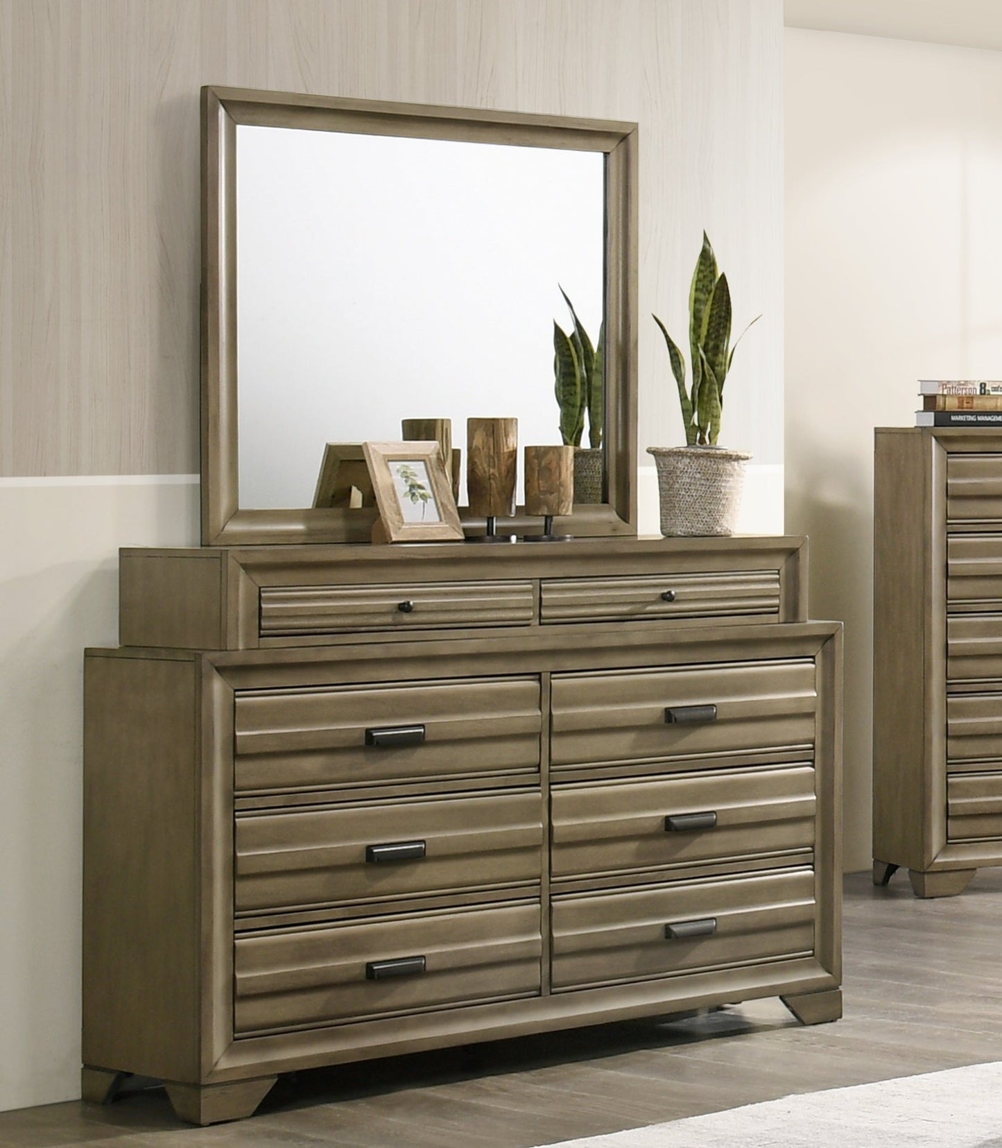 Loiret Light Gray Finish Wood 8-Drawer Dresser with Mirror