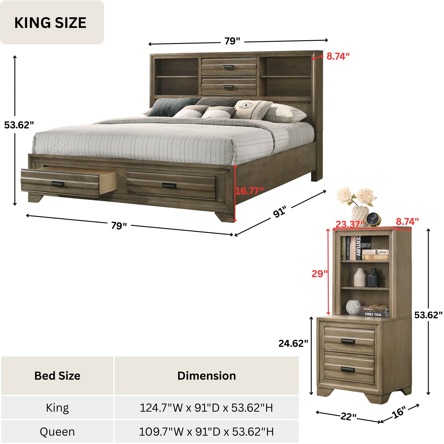 Loiret Light Gray Finish Wood Storage Platform Wallbed Collection