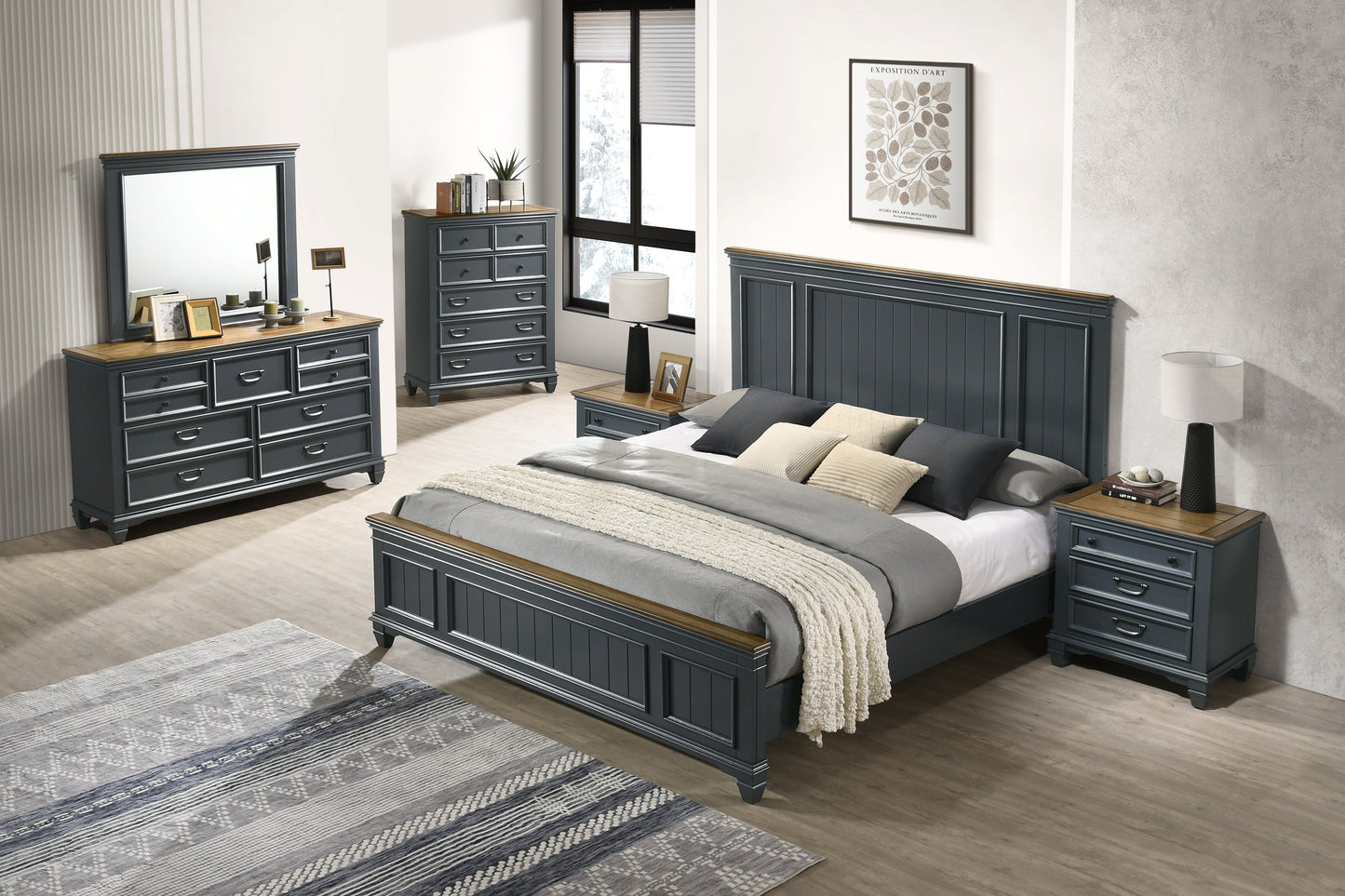 Roundhill Furniture Clelane Wood Bedroom Set with Shiplap Panel Bedroom Collection, Slate Blue