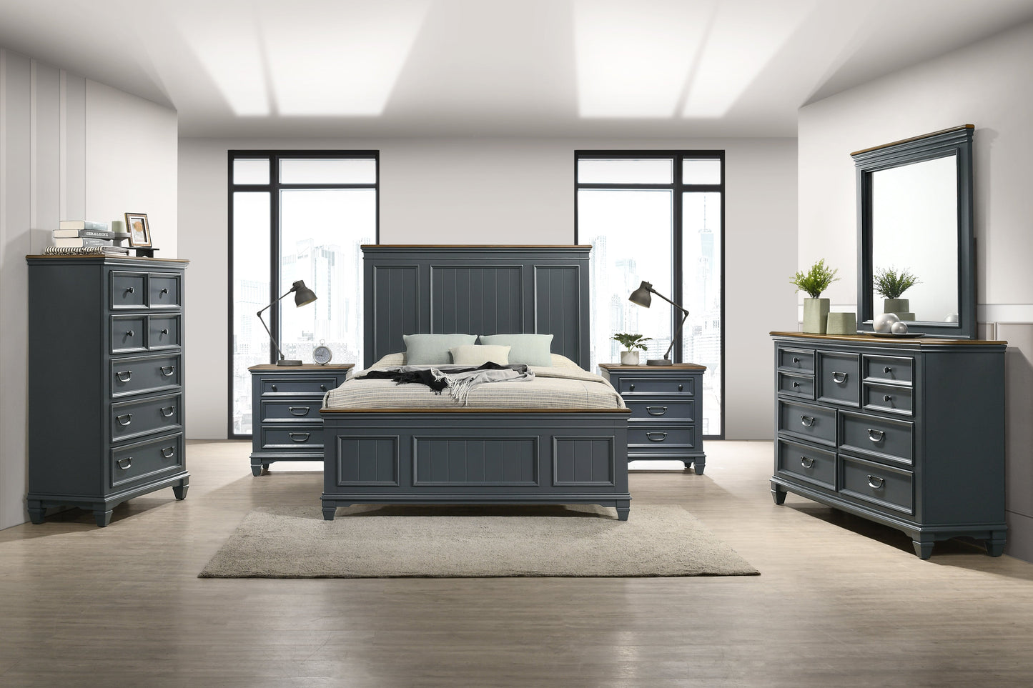 Roundhill Furniture Clelane Wood Bedroom Set with Shiplap Panel Bedroom Collection, Slate Blue
