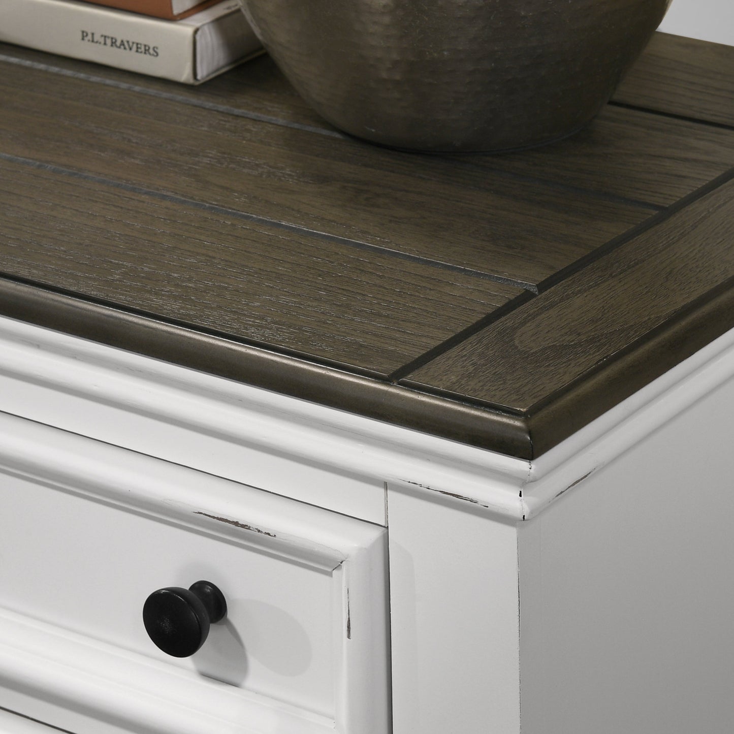 Clelane Wood 5-Drawer Chest, Weathered White and Walnut