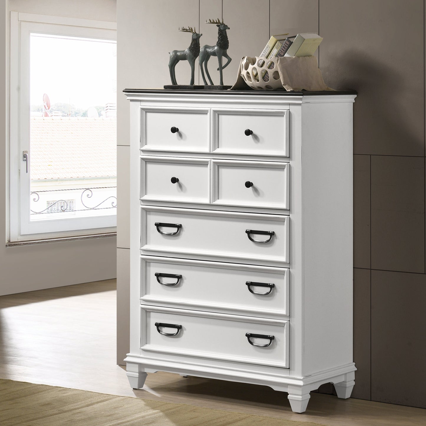 Clelane Wood 5-Drawer Chest, Weathered White and Walnut