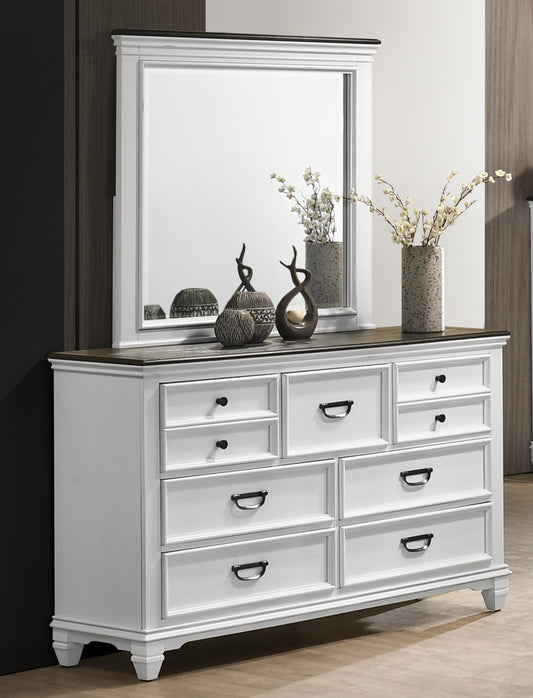 Clelane Wood 7-Drawer Dresser with Mirror, Weathered White and Walnut