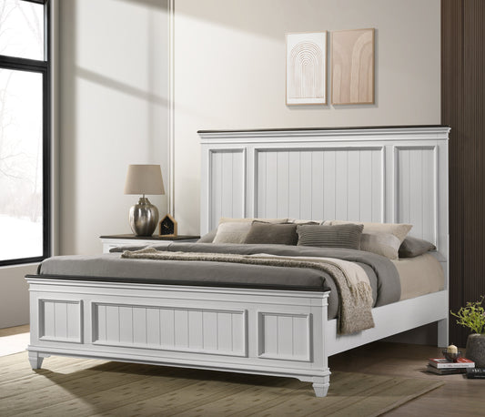 Clelane Shiplap Wood Panel Bed, Weathered White and Walnut