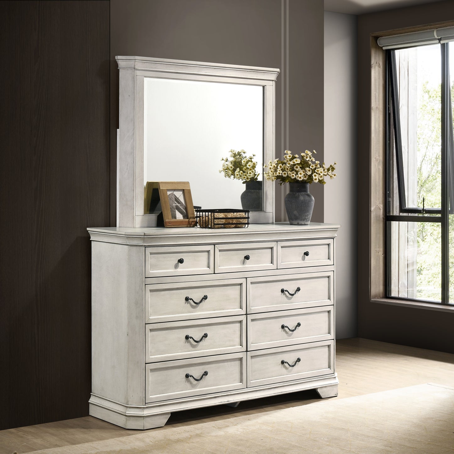Roundhill Furniture Maderne Traditional Wood 9-Drawer Dresser with Mirror