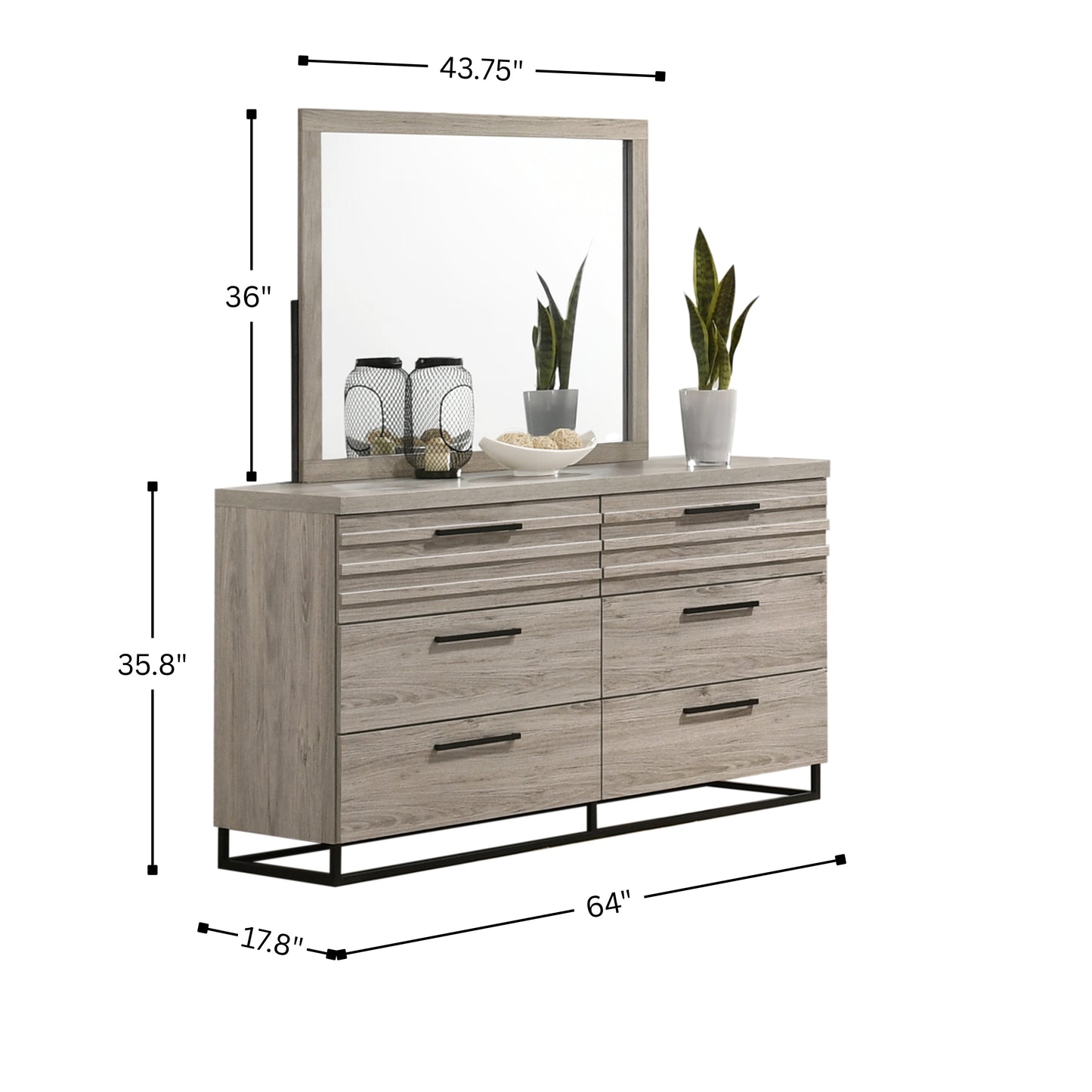 Alvear Contemporary 6-Drawer Dresser with Mirror, Weathered Gray
