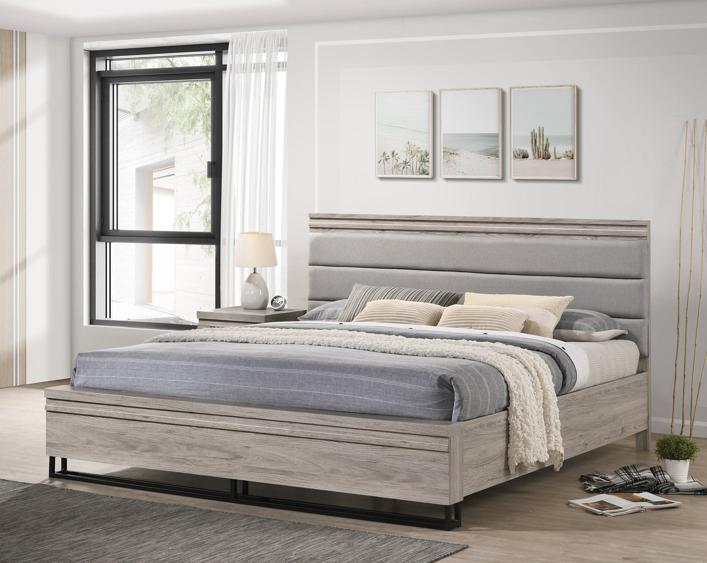 Alvear Upholstered Wood Panel Bed, Weathered Gray