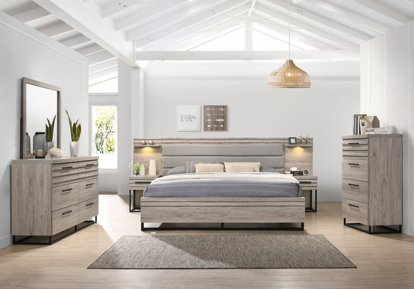 Alvear Upholstered Wood Wallbed Bed Collection with White LED Lights, Weathered Gray