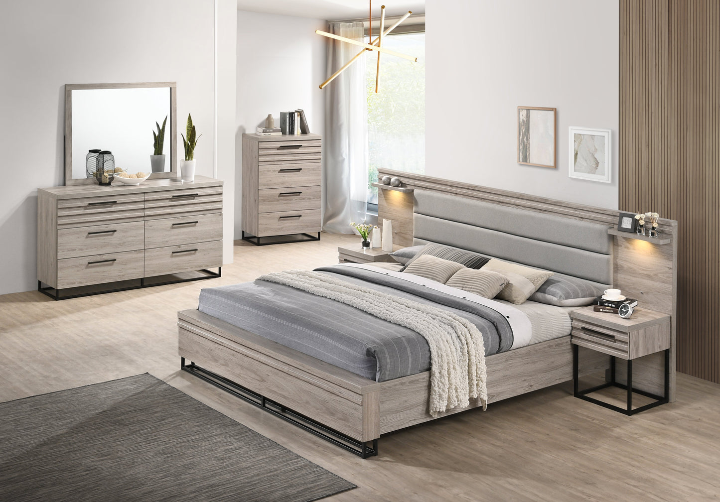 Alvear Upholstered Wood Wallbed Bed Collection with White LED Lights, Weathered Gray