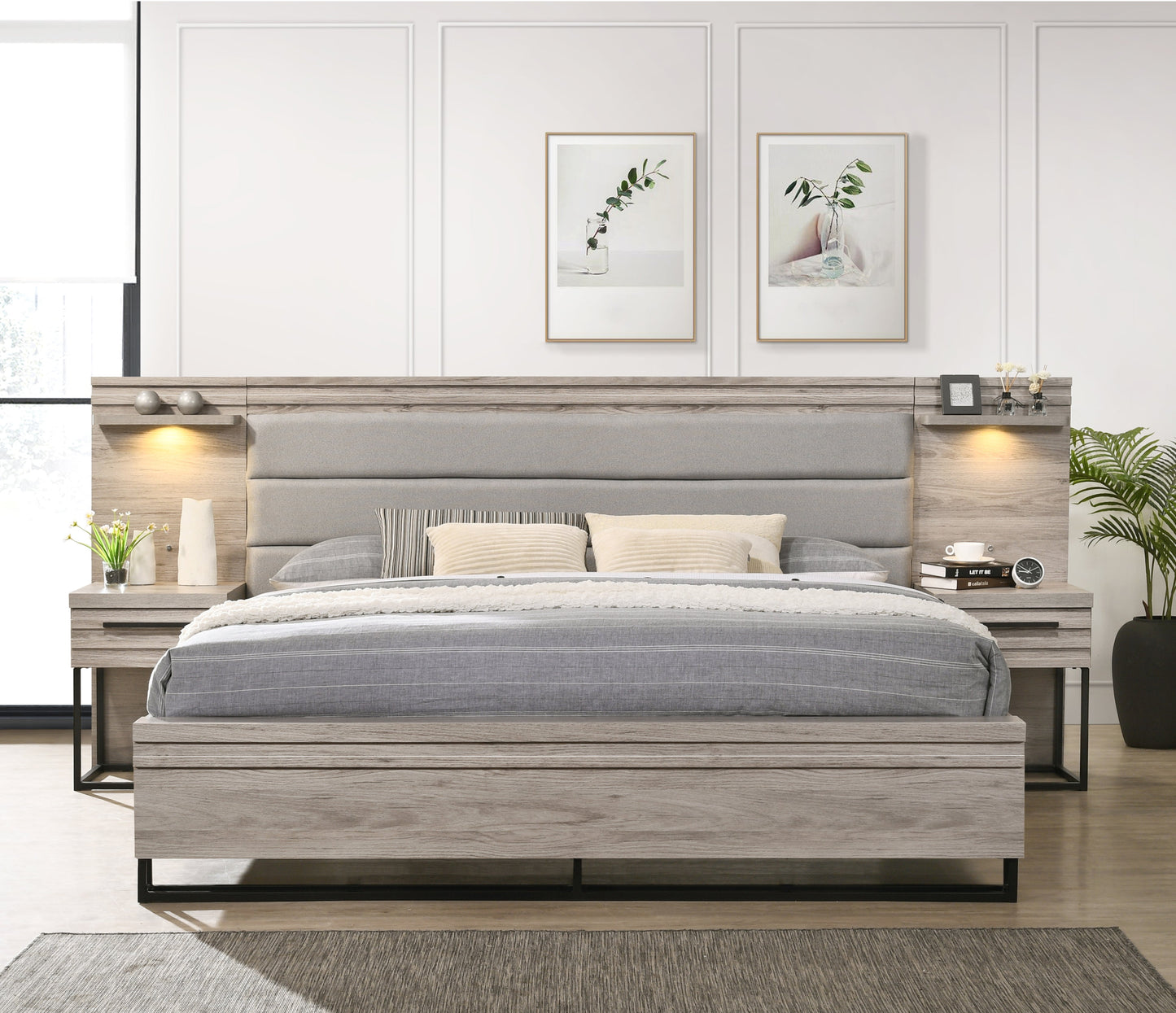 Alvear Upholstered Wood Wallbed Bed Collection with White LED Lights, Weathered Gray