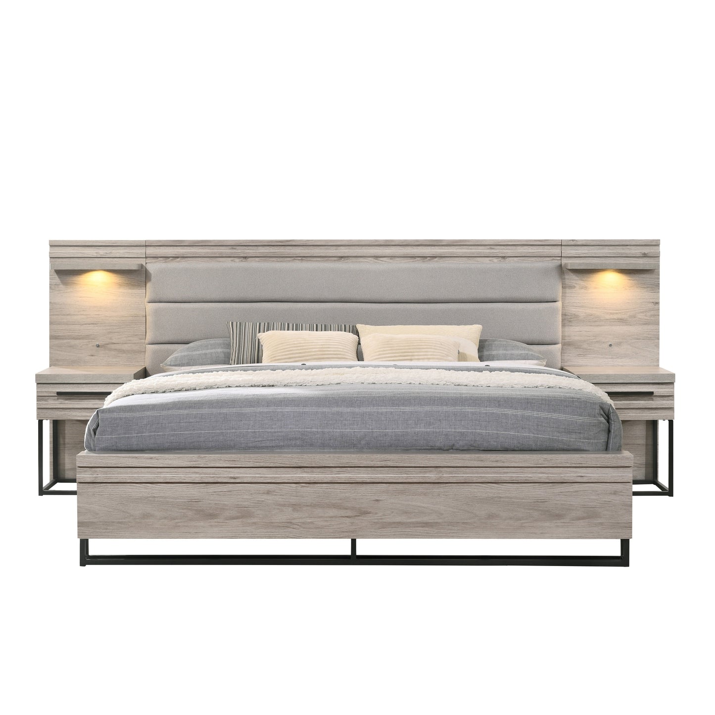 Alvear Upholstered Wood Wallbed Bed with White LED Lights, 2 Nightstands, Weathered Gray