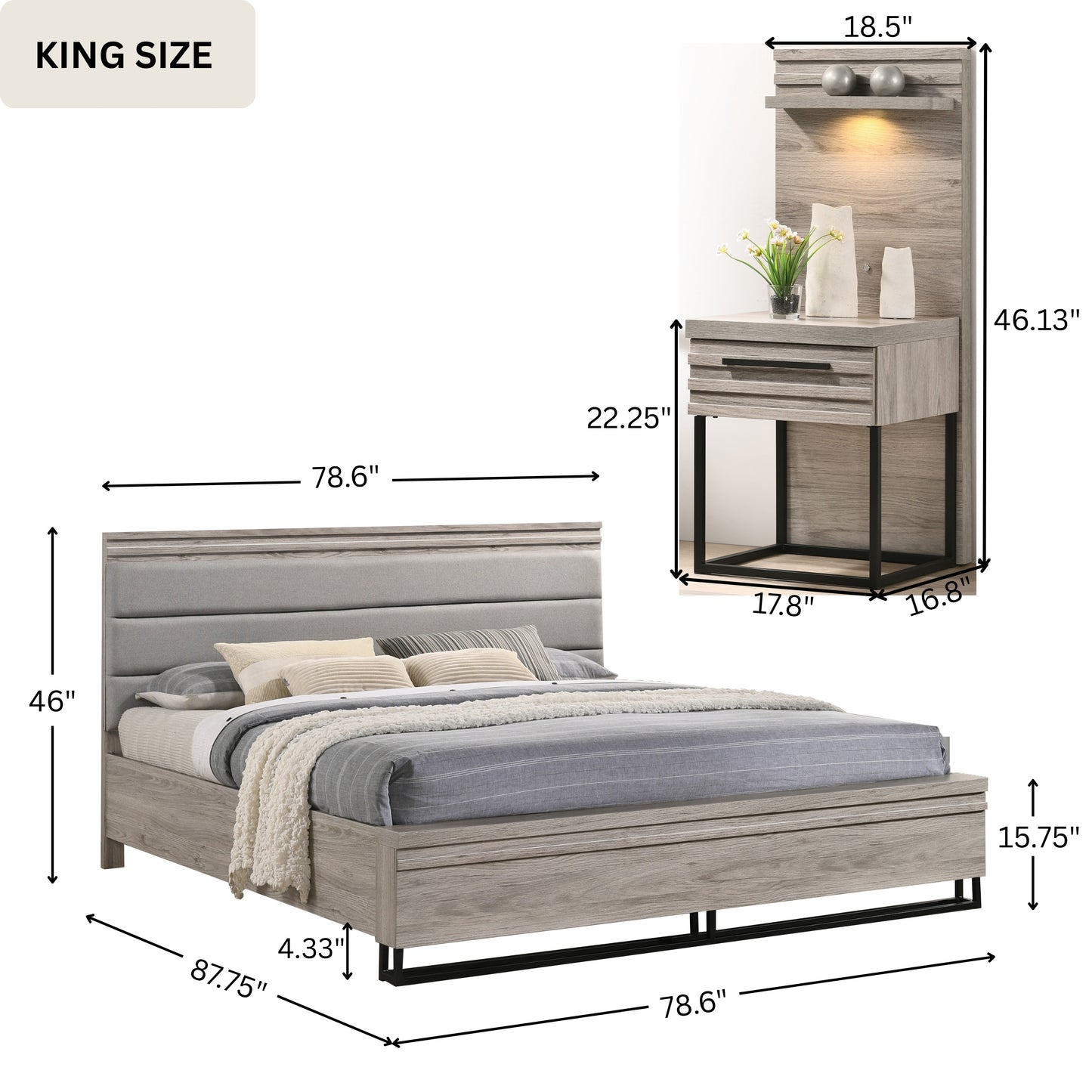 Alvear Upholstered Wood Wallbed Bed with White LED Lights, 2 Nightstands, Weathered Gray