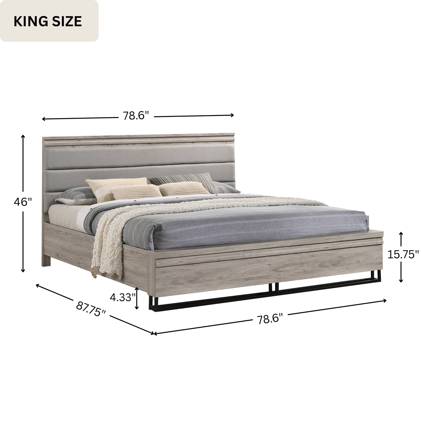 Alvear Upholstered Wood Panel Bed, Weathered Gray