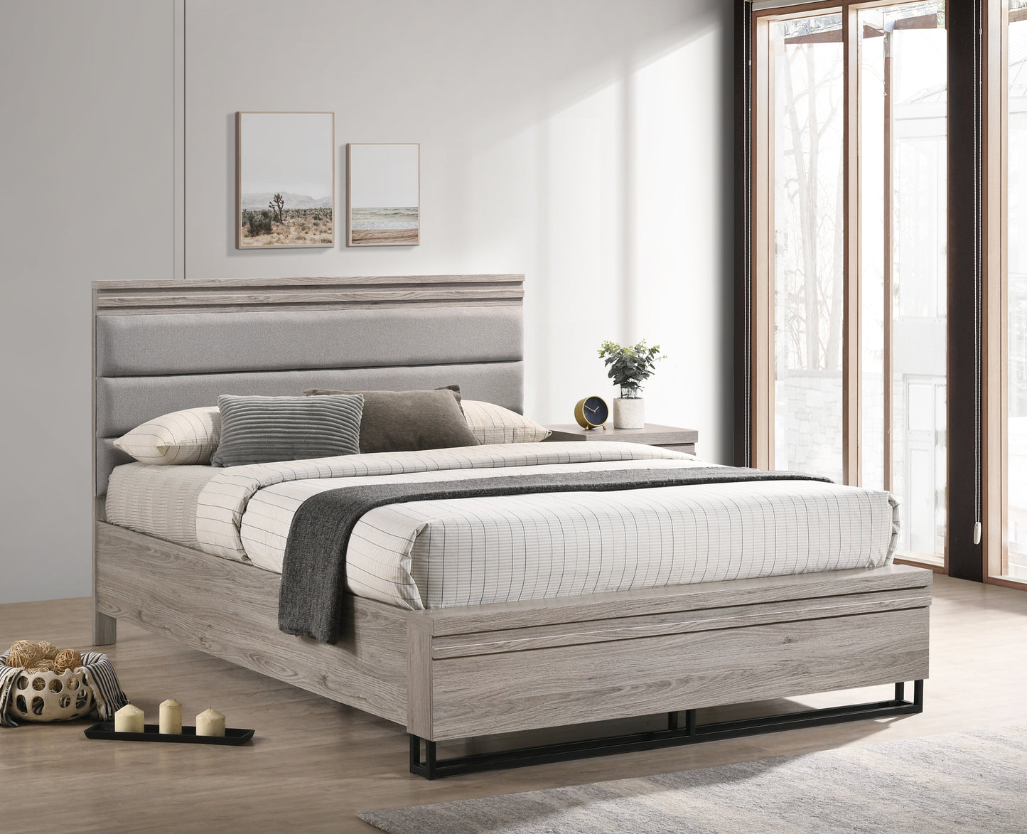 Alvear Upholstered Wood Panel Bed, Weathered Gray