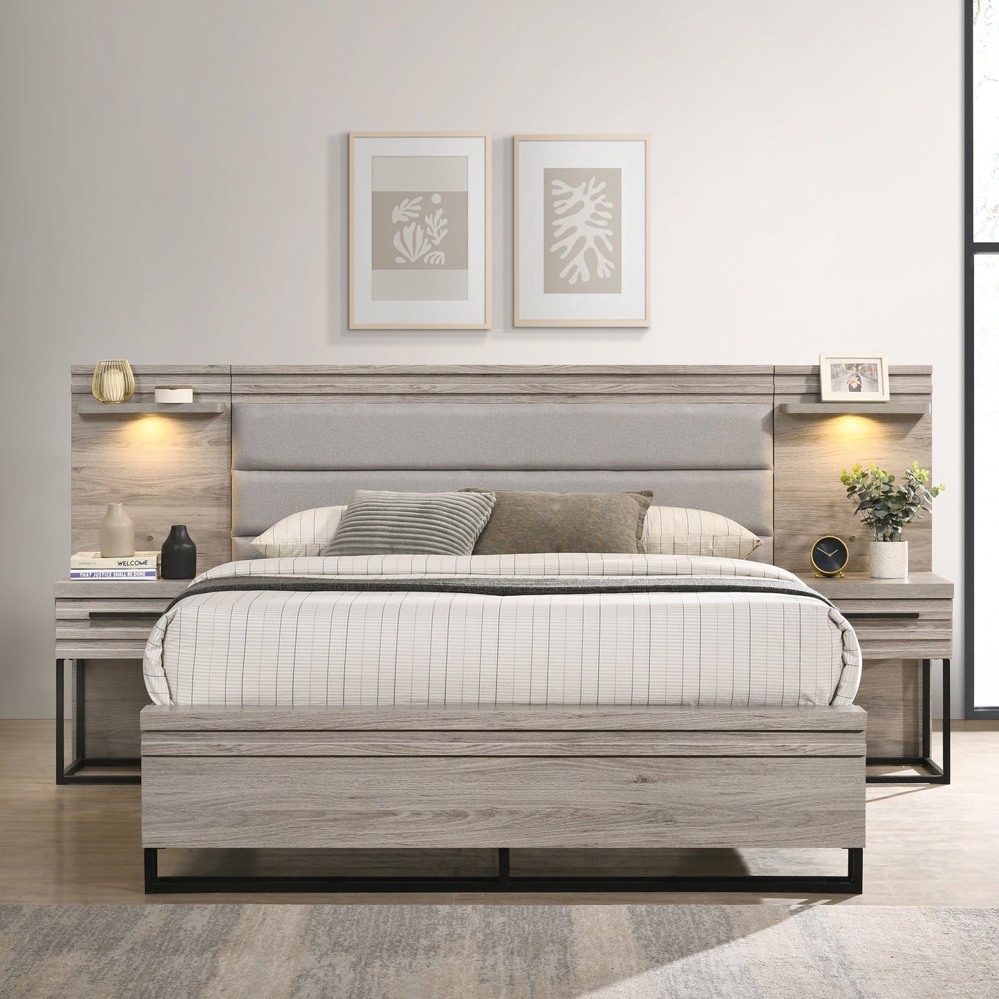 Alvear Upholstered Wood Wallbed Bed Collection with White LED Lights, Weathered Gray