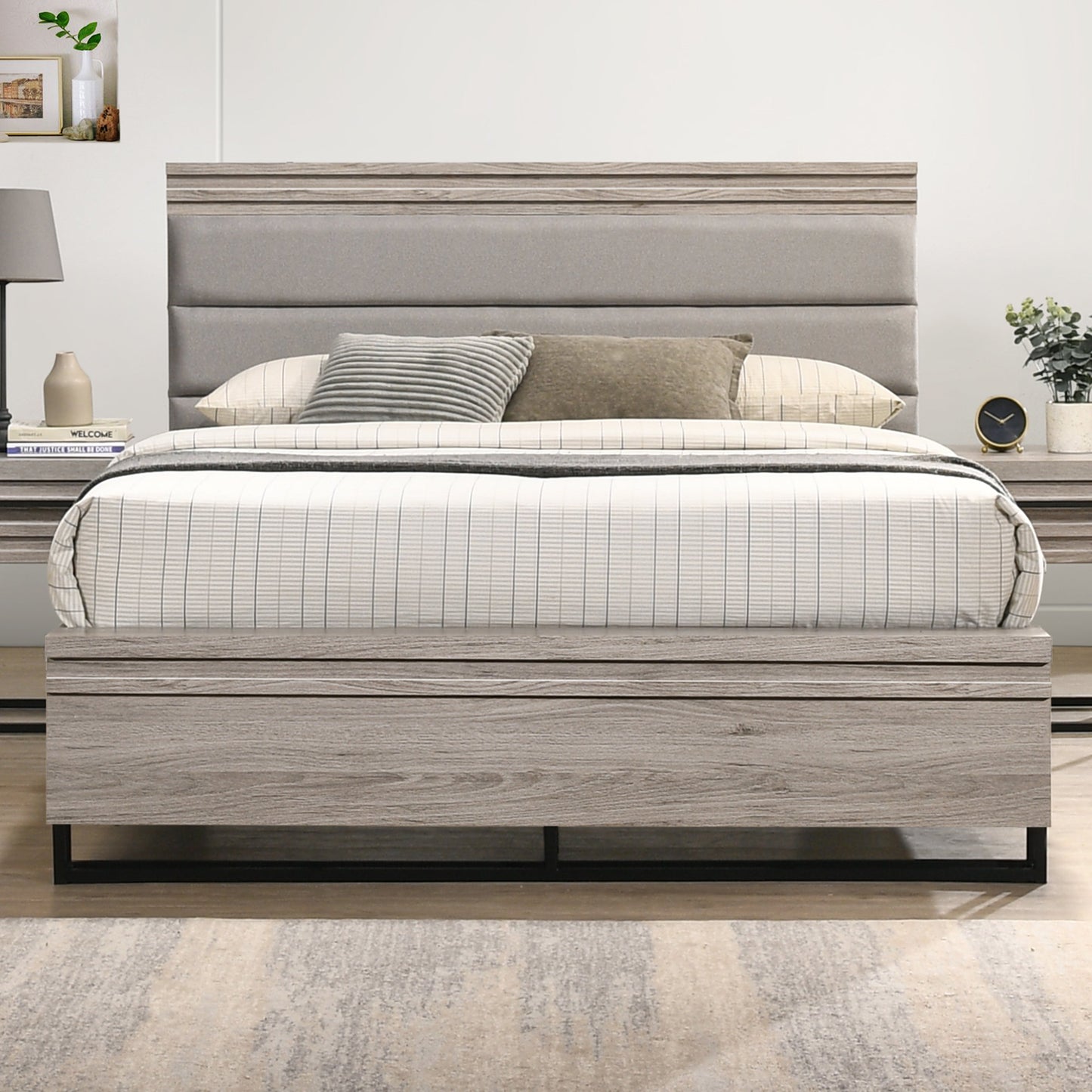 Alvear Upholstered Wood Panel Bed, Weathered Gray