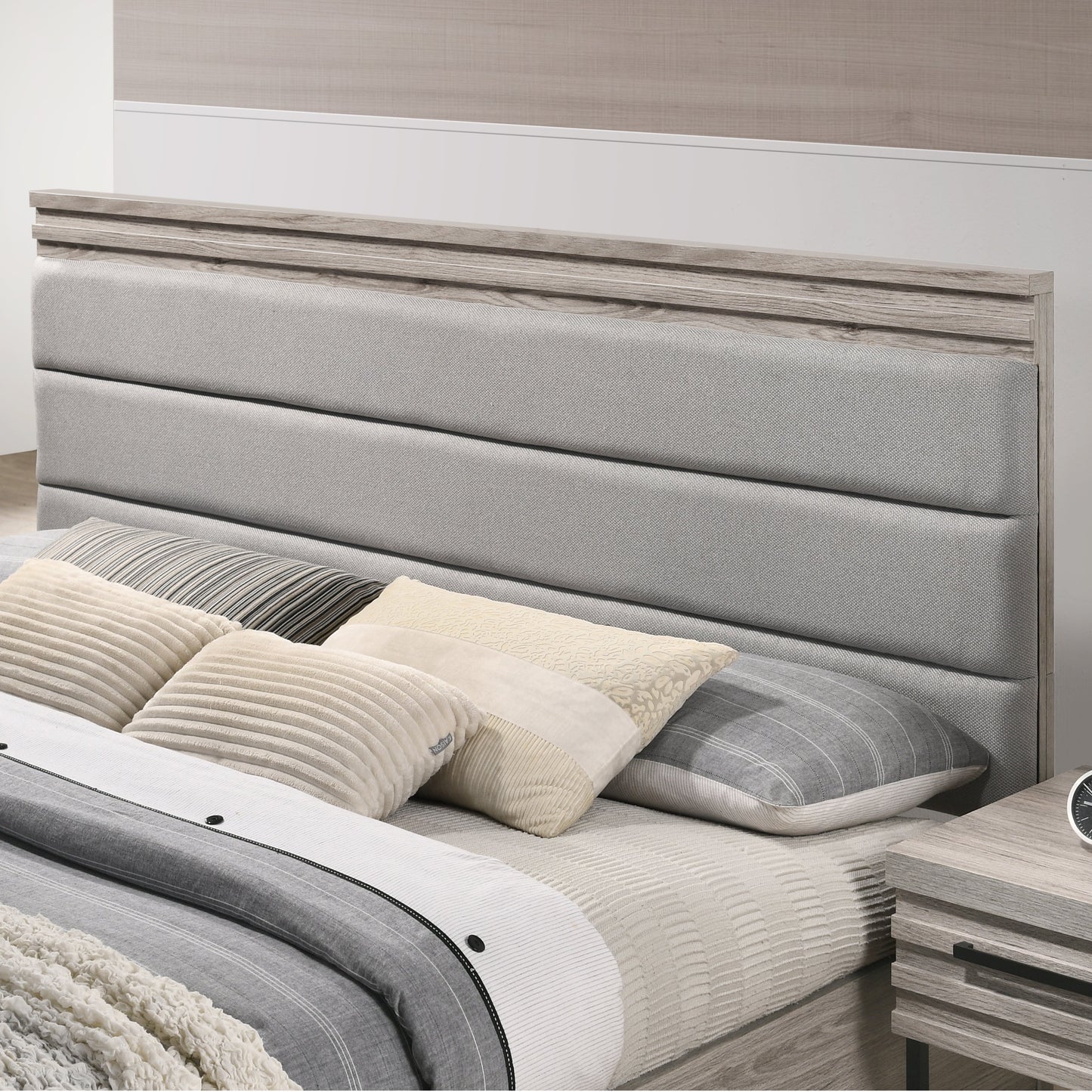 Alvear Upholstered Wood Panel Bed, Weathered Gray