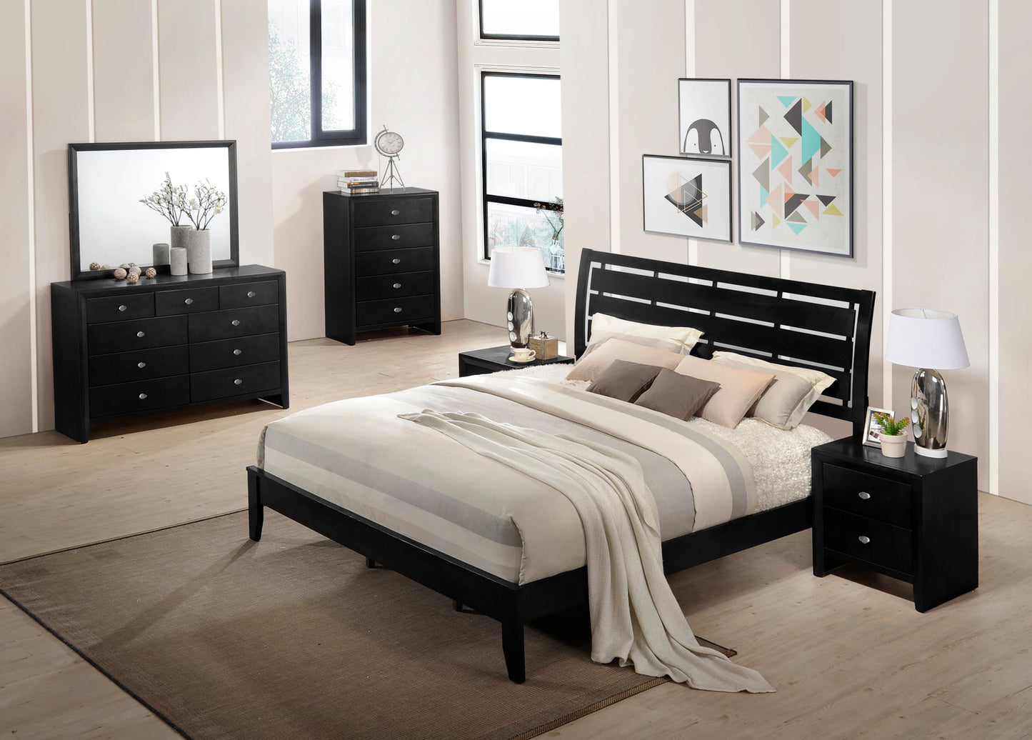 Ecrille Panel Bed with Slatted Headboard, Black