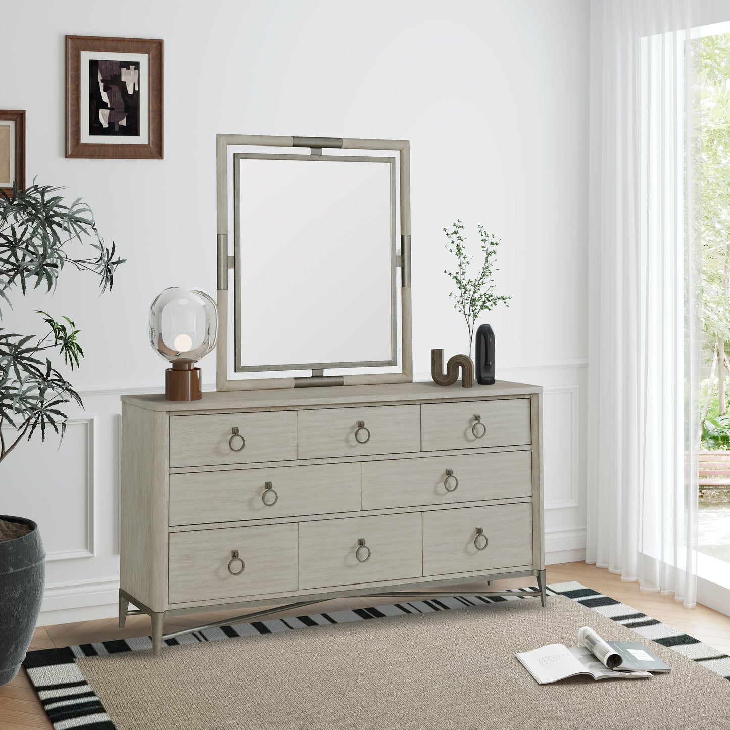 Mantalia Solid Wood 8-Drawer Dresser and Mirror with Metal Frame, Champagne