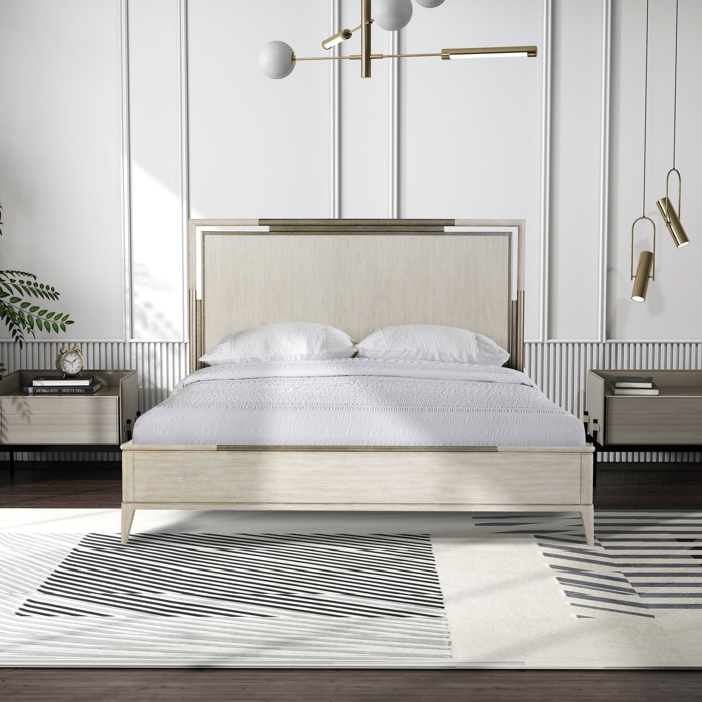 Mantalia Solid Wood Panel Bed with Metal Frame, Champagne