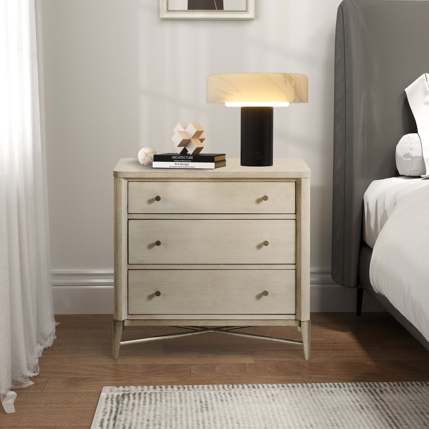 Mantalia Solid Wood 3-Drawer Nightstand with Metal Frame, Champagne
