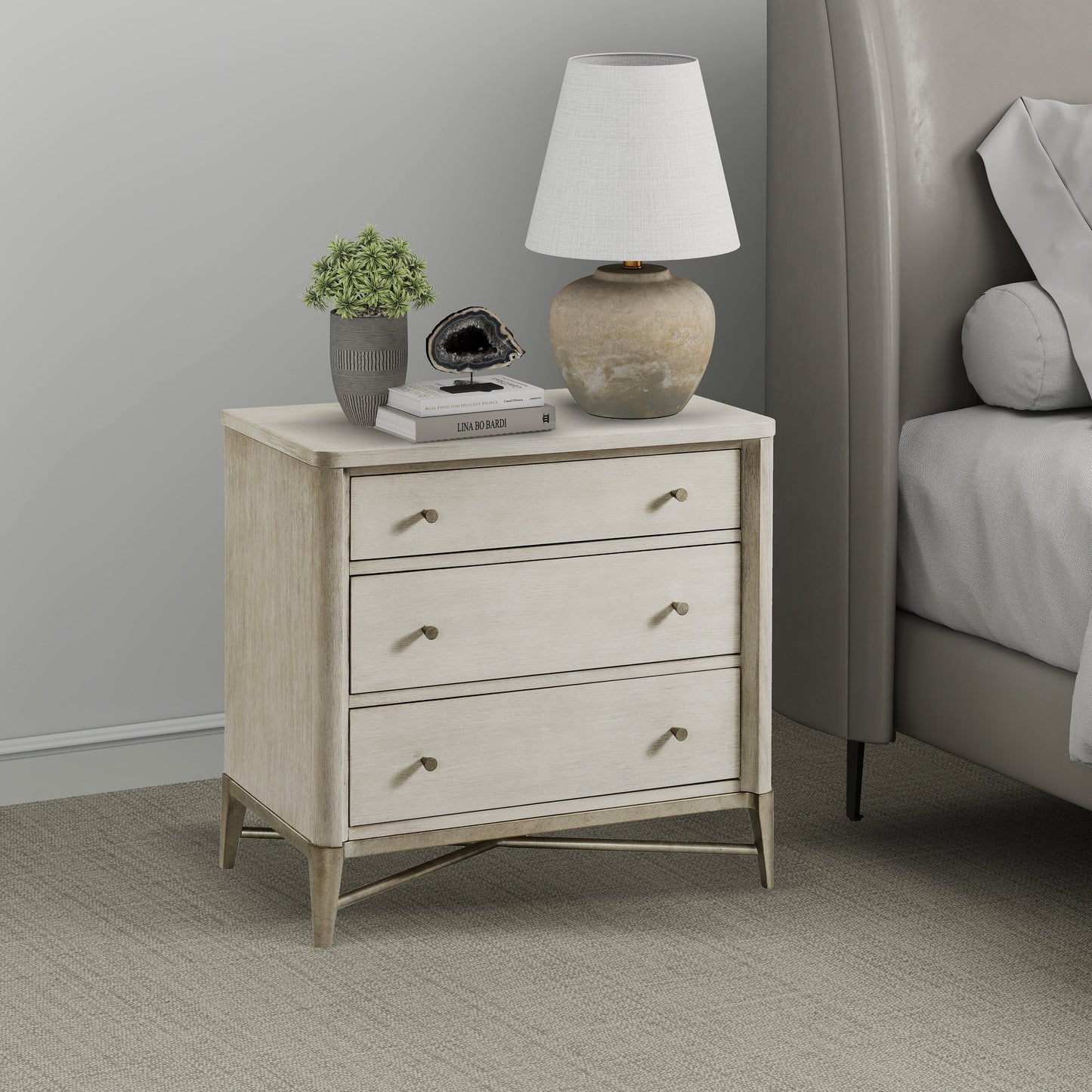 Mantalia Solid Wood 3-Drawer Nightstand with Metal Frame, Champagne