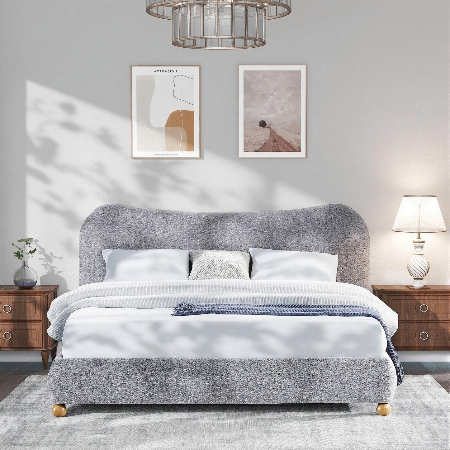 Roundhill Furniture Lunara Gray Upholstered Platform Bed with Bun Feet
