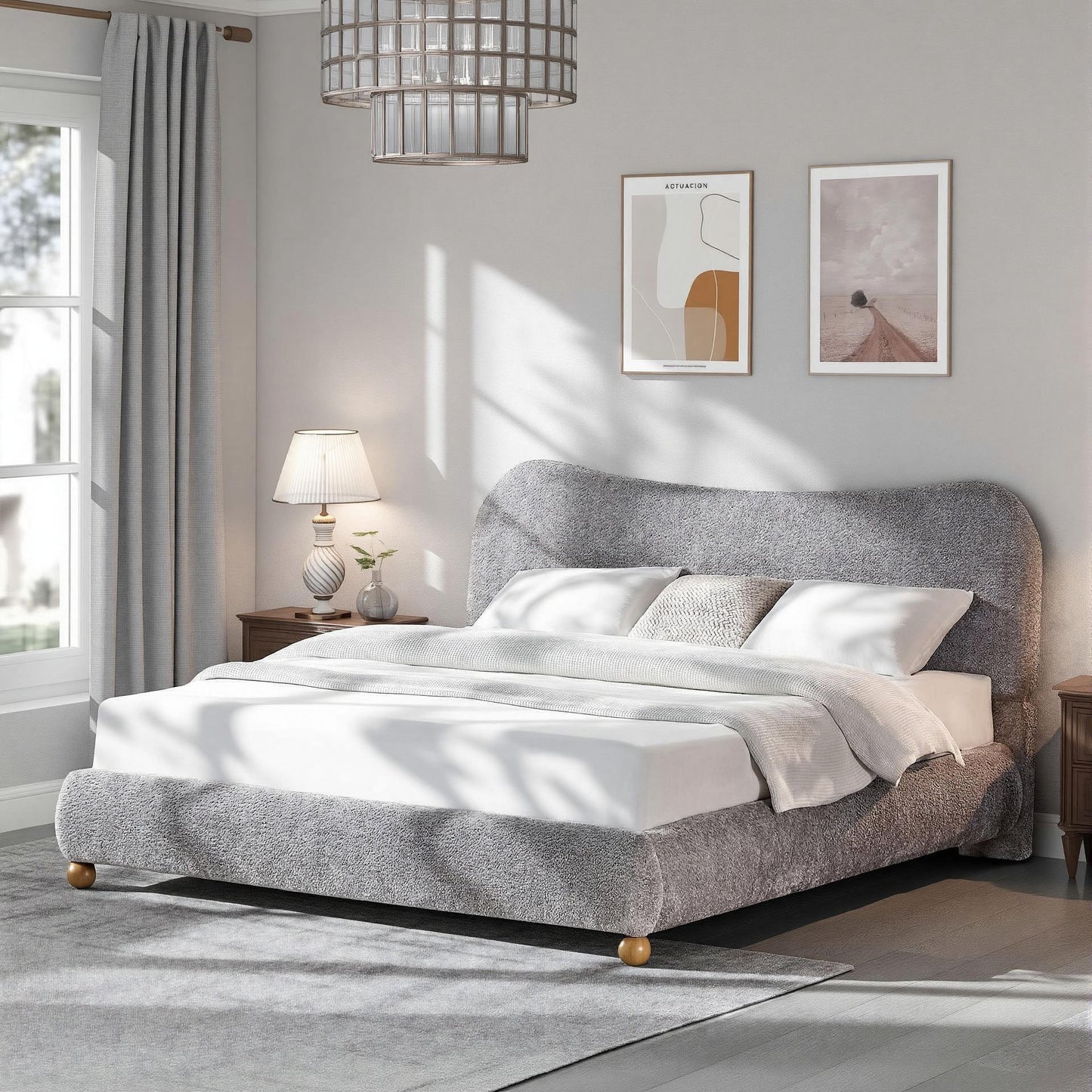 Roundhill Furniture Lunara Gray Upholstered Platform Bed with Bun Feet
