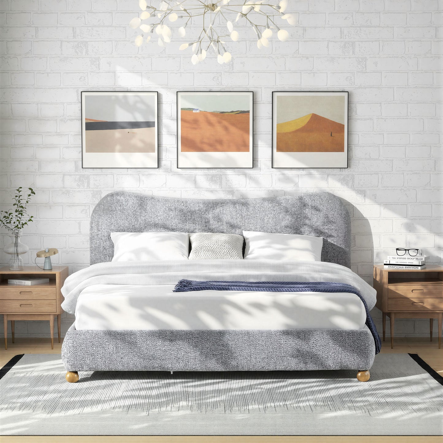 Roundhill Furniture Lunara Gray Upholstered Platform Bed with Bun Feet