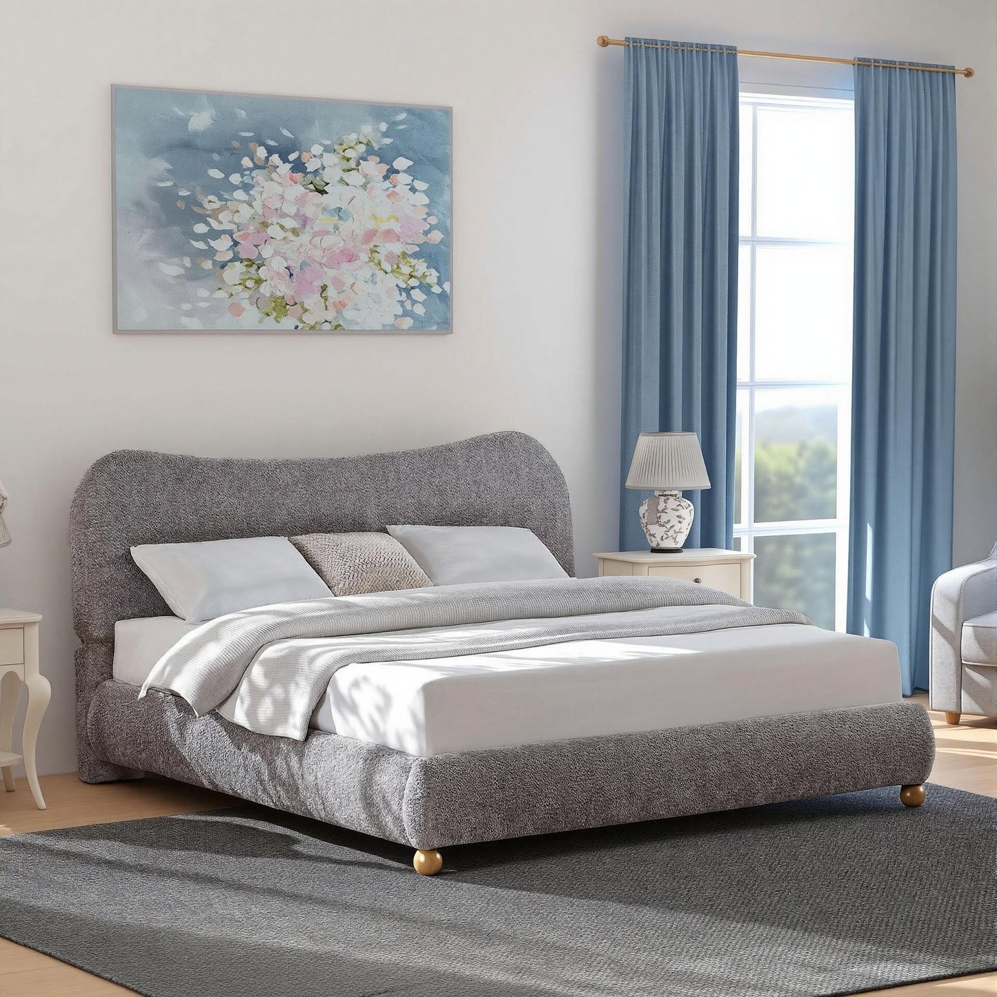 Roundhill Furniture Lunara Gray Upholstered Platform Bed with Bun Feet
