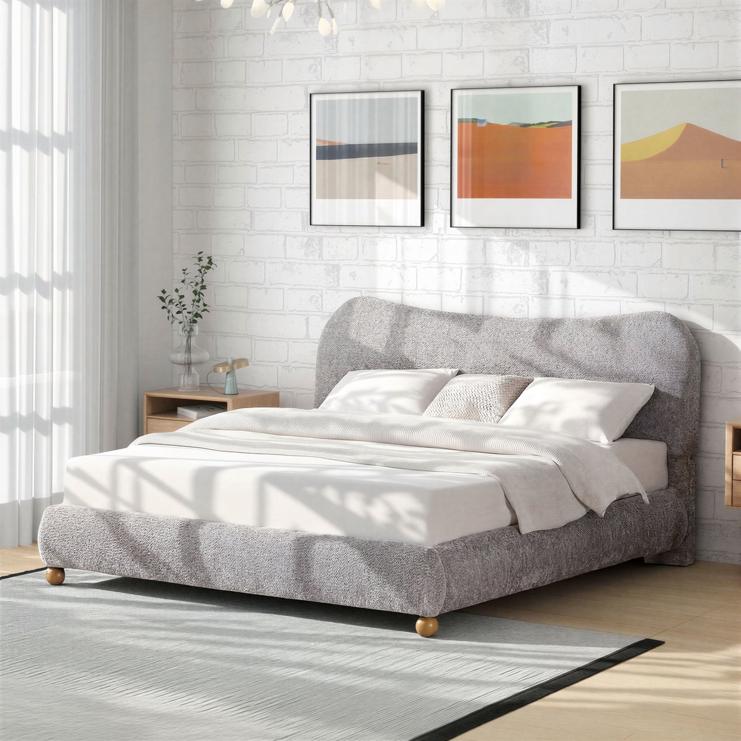 Roundhill Furniture Lunara Gray Upholstered Platform Bed with Bun Feet