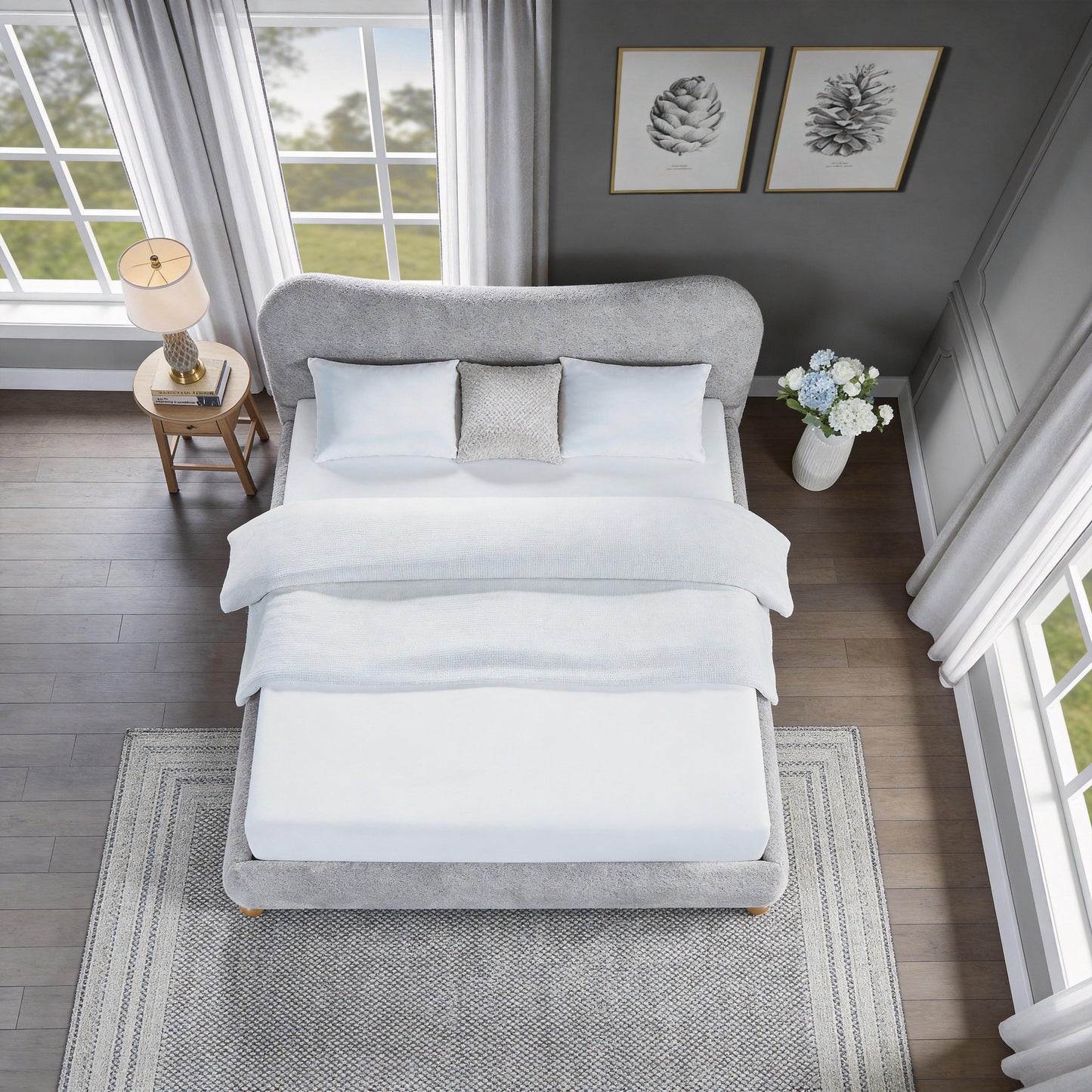 Roundhill Furniture Lunara Gray Upholstered Platform Bed with Bun Feet