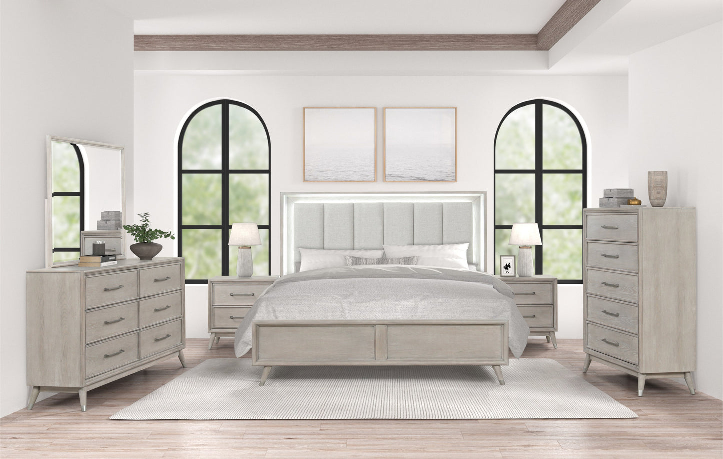 Roundhill Furniture Seluna Contemporary Bedroom Collection with Touch LED Lighting, Gray Oak Finish