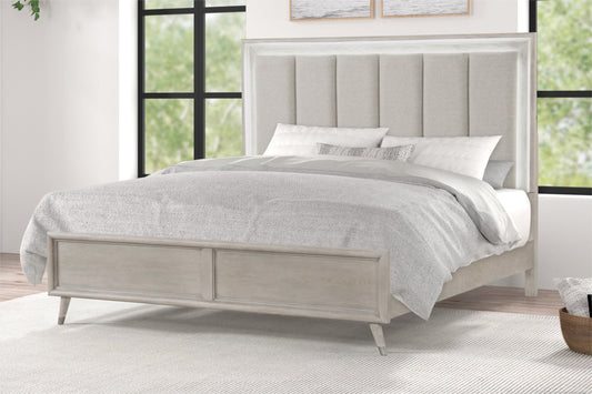 Roundhill Furniture Seluna LED Lighting Panel Bed, Upholstered Headbord, Gray Oak Finish