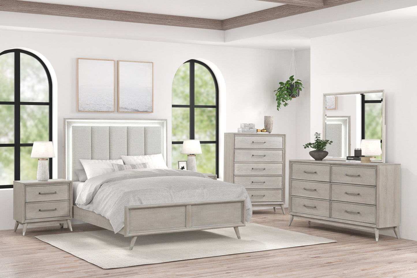 Roundhill Furniture Seluna Contemporary Bedroom Collection with Touch LED Lighting, Gray Oak Finish