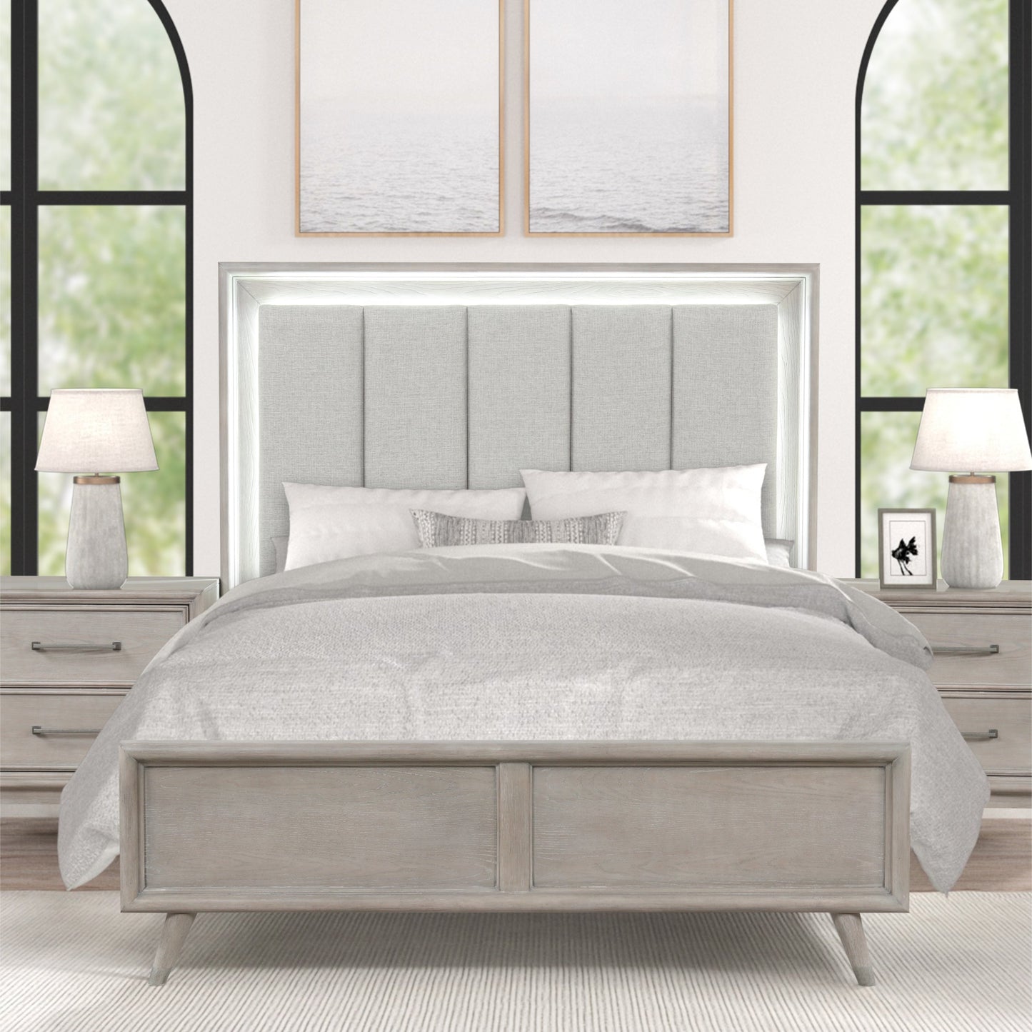 Roundhill Furniture Seluna Contemporary Bedroom Collection with Touch LED Lighting, Gray Oak Finish