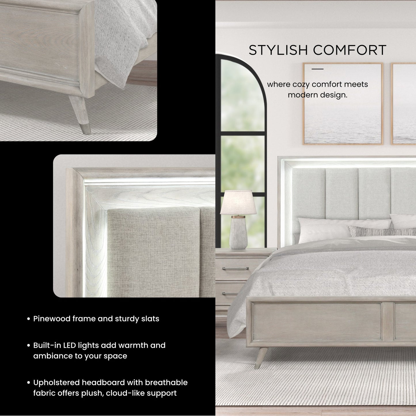 Roundhill Furniture Seluna Contemporary Bedroom Collection with Touch LED Lighting, Gray Oak Finish