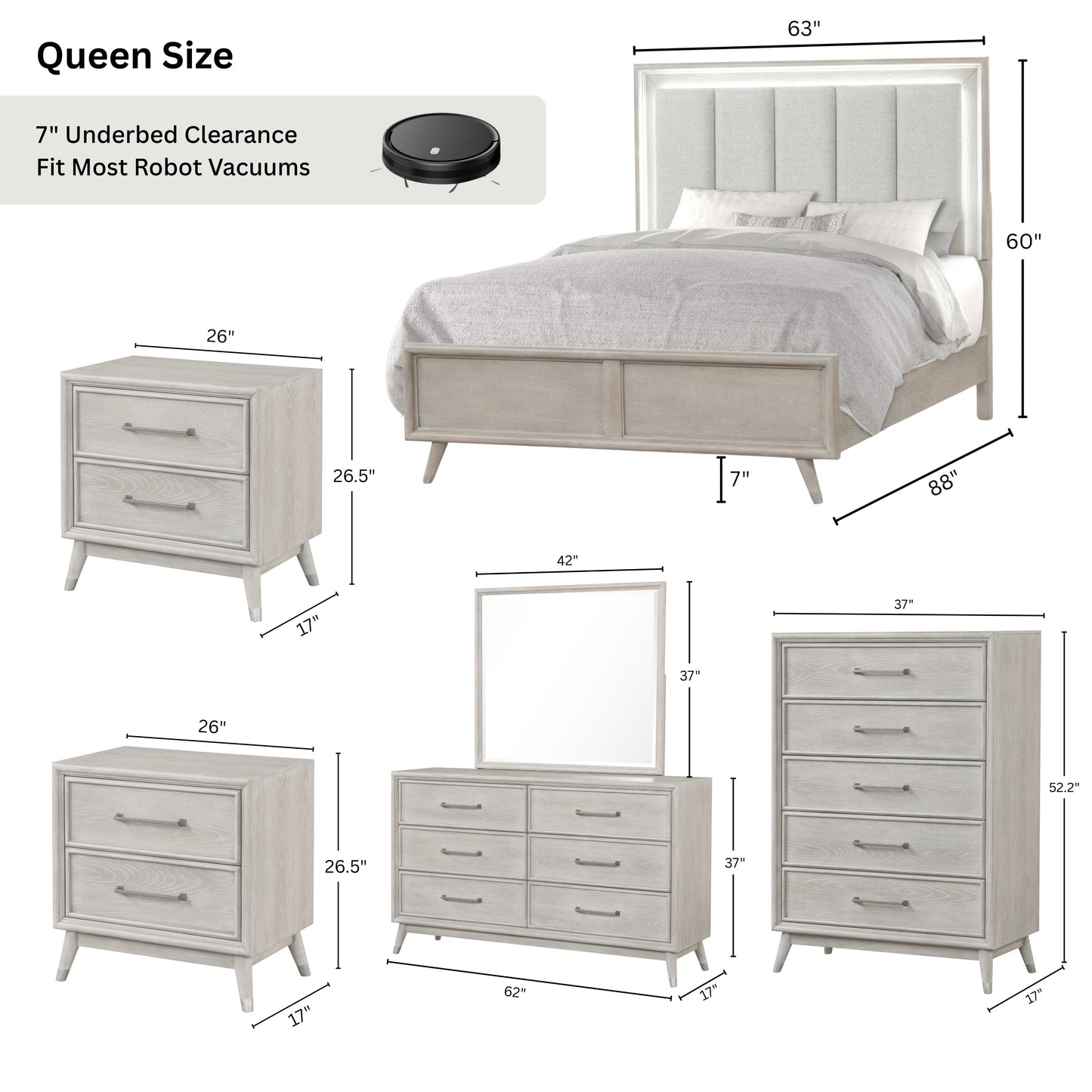 Roundhill Furniture Seluna Contemporary Bedroom Collection with Touch LED Lighting, Gray Oak Finish