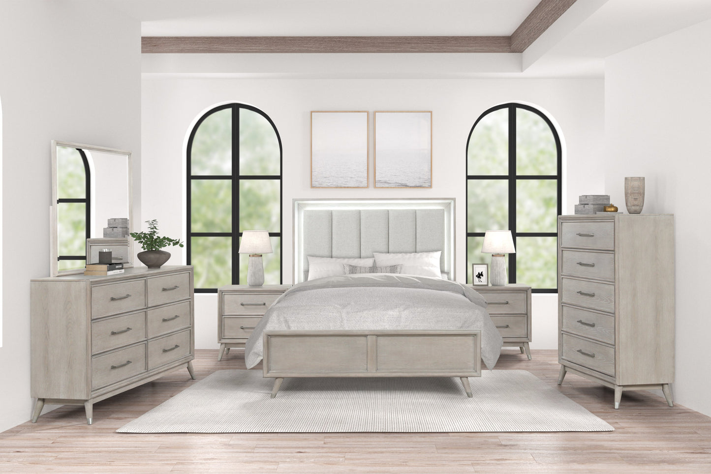 Roundhill Furniture Seluna Contemporary Bedroom Collection with Touch LED Lighting, Gray Oak Finish