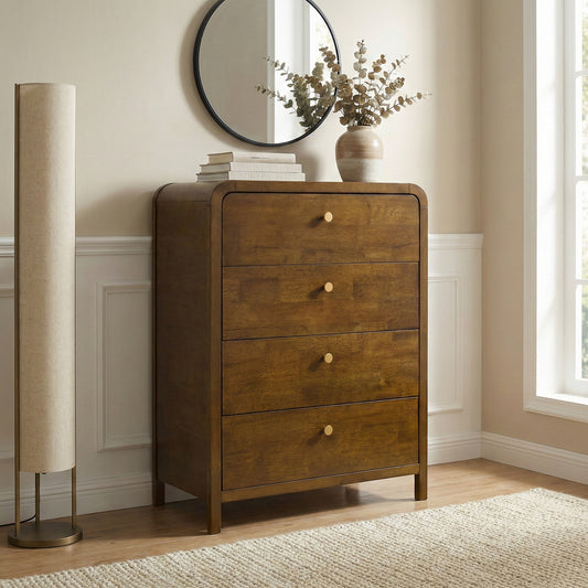 Roundhill Furniture Eldren 4-Drawer Wood Chest with Solid Rubberwood Frame, Walnut Finish