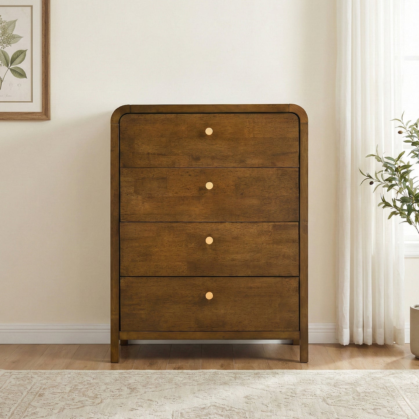 Roundhill Furniture Eldren 4-Drawer Wood Chest with Solid Rubberwood Frame, Walnut Finish