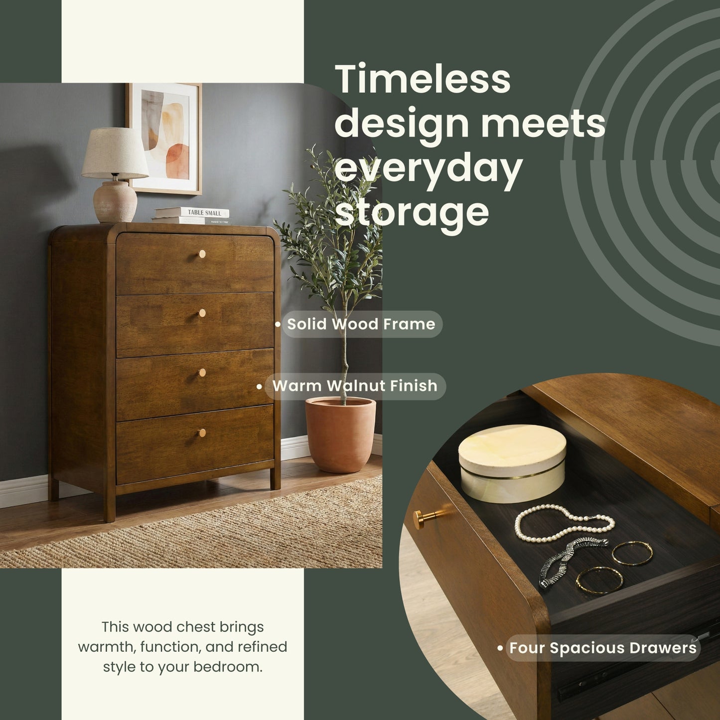 Roundhill Furniture Eldren 4-Drawer Wood Chest with Solid Rubberwood Frame, Walnut Finish