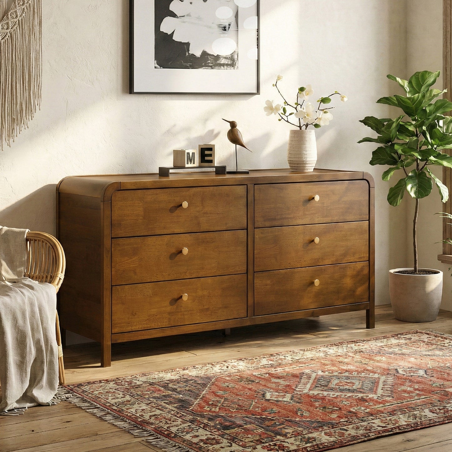 Roundhill Furniture Eldren 6-Drawer Wood Dresser with Solid Rubberwood Frame, Walnut Finish