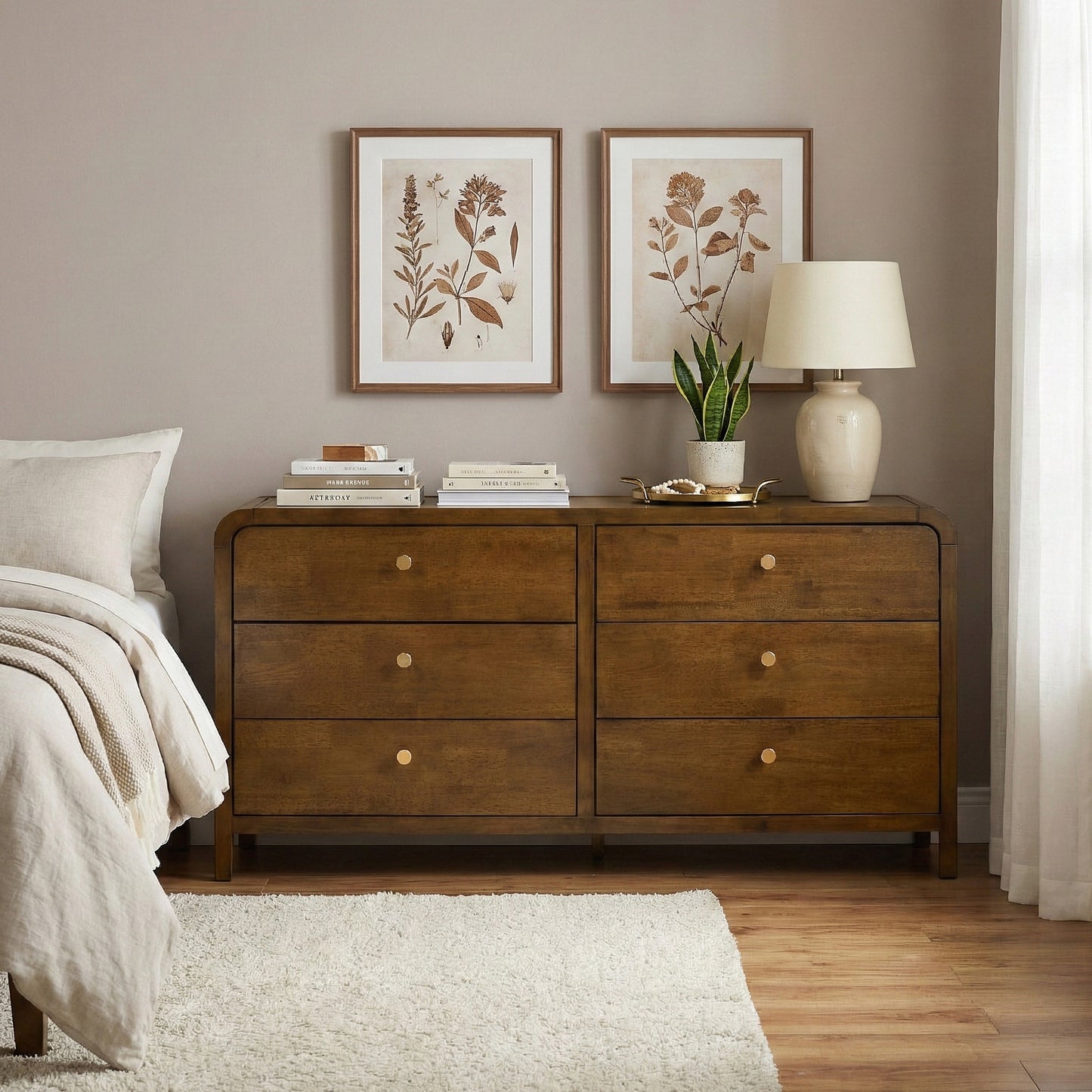 Roundhill Furniture Eldren 6-Drawer Wood Dresser with Solid Rubberwood Frame, Walnut Finish