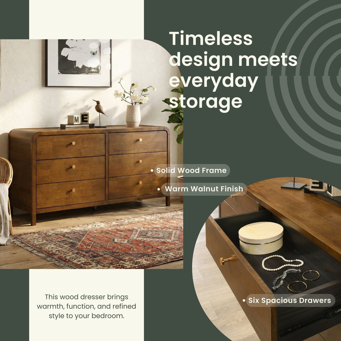 Roundhill Furniture Eldren 6-Drawer Wood Dresser with Solid Rubberwood Frame, Walnut Finish